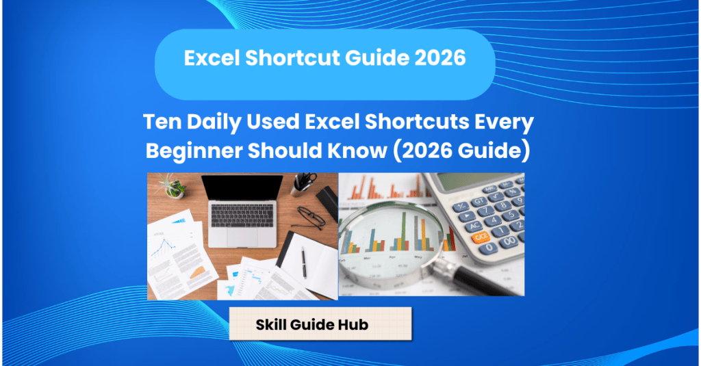 Daily Excel shortcuts for beginners in 2026 displayed on a laptop with keyboard shortcuts and spreadsheet data.