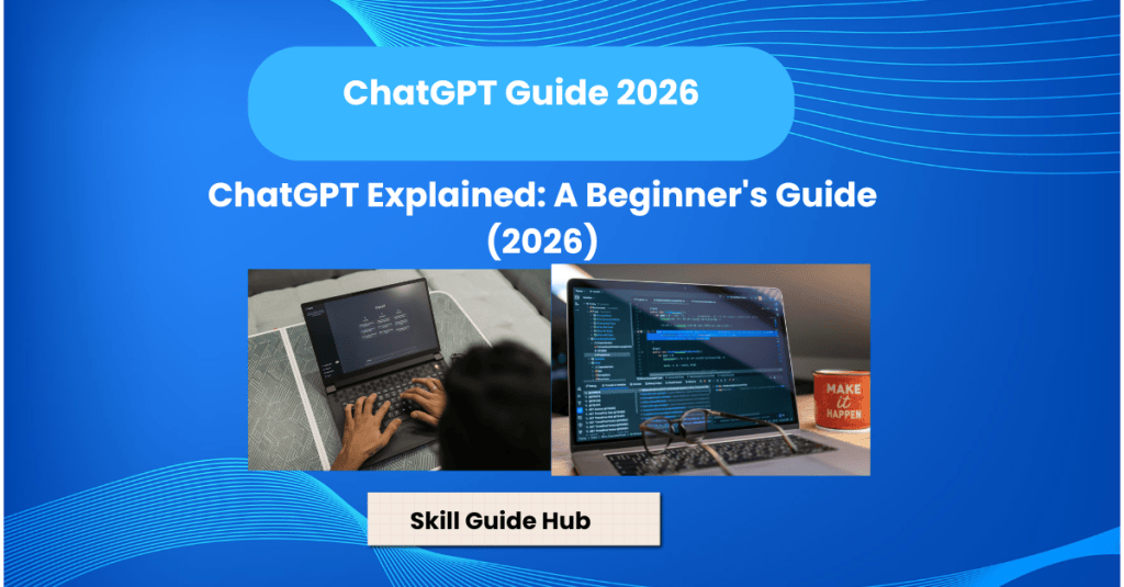 ChatGPT beginner guide 2026 showing AI chatbot and a person using a laptop.