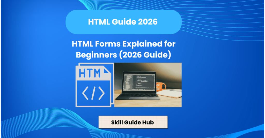 HTML forms for beginners showing text input fields, submit buttons, text areas, and select dropdown menus used in web development in 2026.