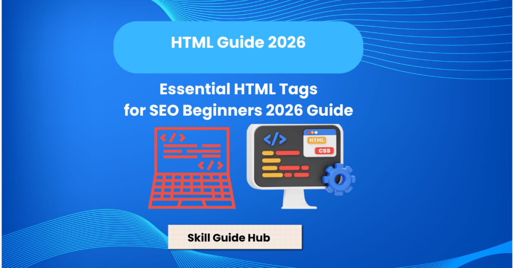 HTML tags for SEO beginners in 2026 showing website code and search engine optimization concepts.